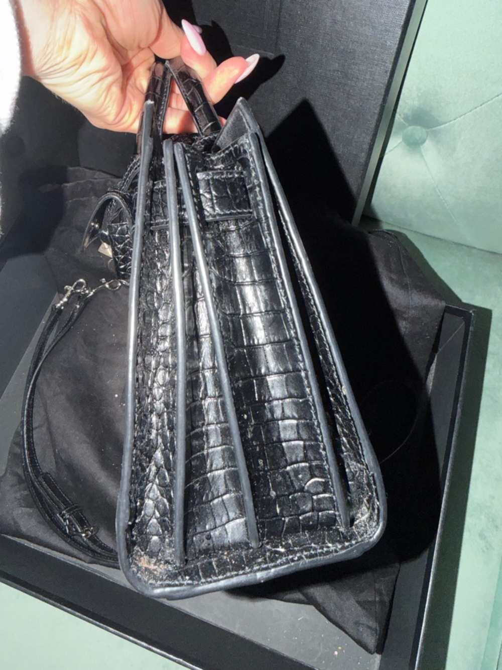 Authentic Saint Laurent Black Croc-Embossed Leather Top Handle Satchel - Picture 9 of 14